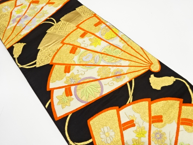 JAPANESE KIMONO / ANTIQUE FUKURO OBI / SILK / WOVEN FAN & FLOWER
